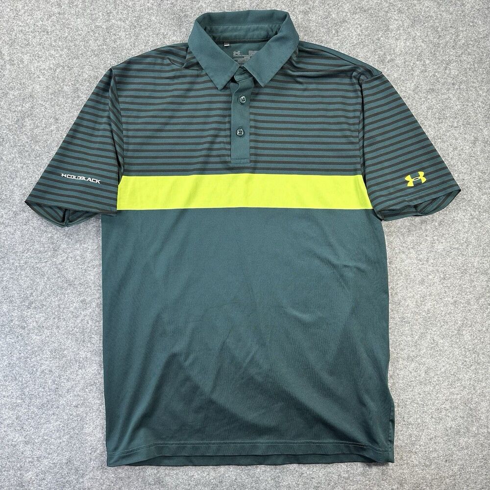 Under Armour Polo Shirt Mens Medium Green Yellow Striped Headgear Coldblack